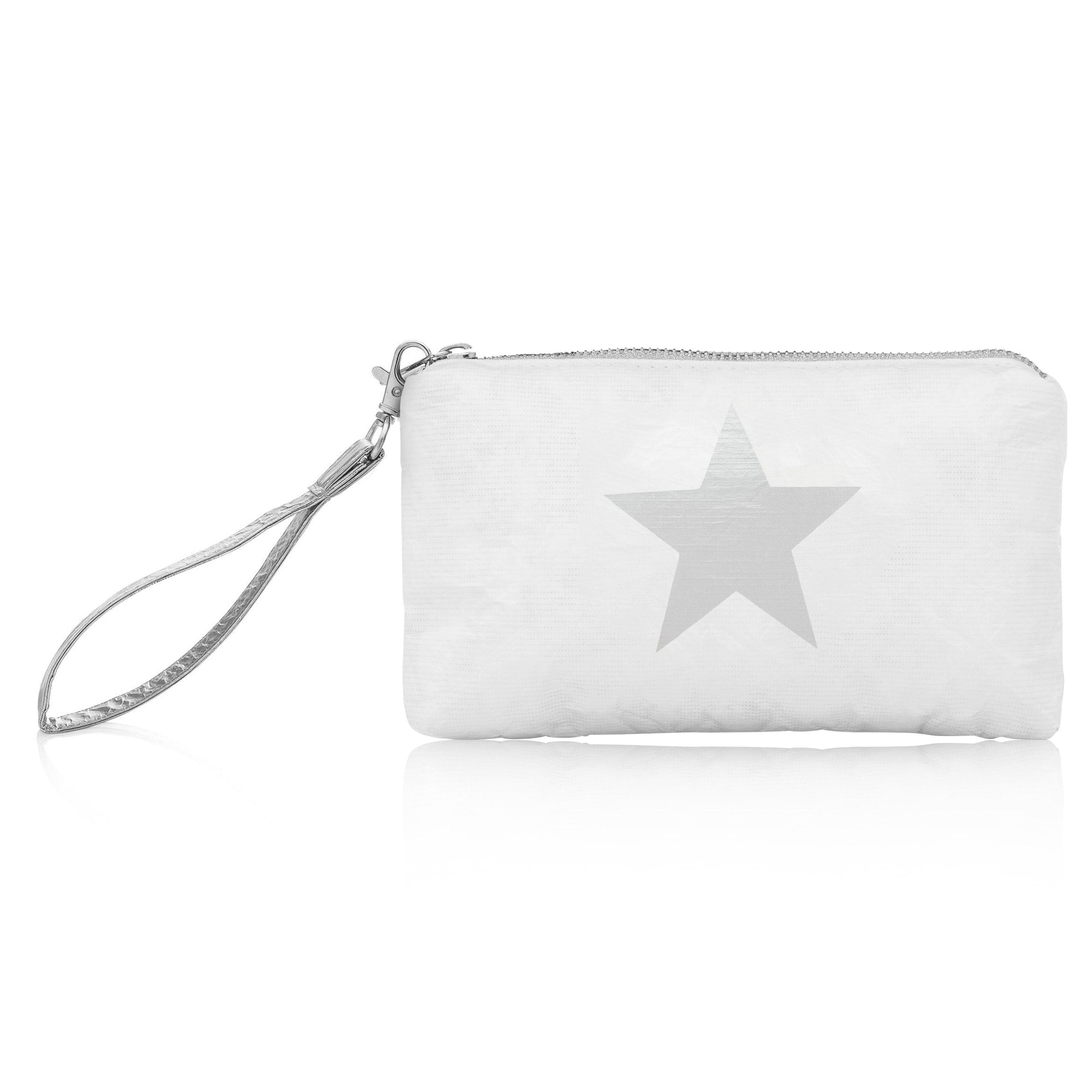 A white wristlet with a silver star design and a detachable wrist strap on white background