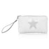 A white wristlet with a silver star design and a detachable wrist strap on white background