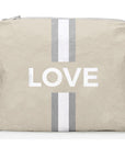 Shimmer beige zipper pouch with white and silver LOVE and Stripes 
