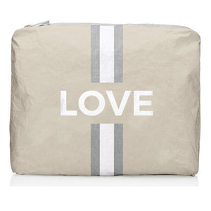 Shimmer beige zipper pouch with white and silver LOVE and Stripes 