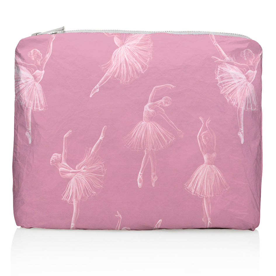 Medium water resistant zipper pouch in blush pink dancing ballerinas pattern