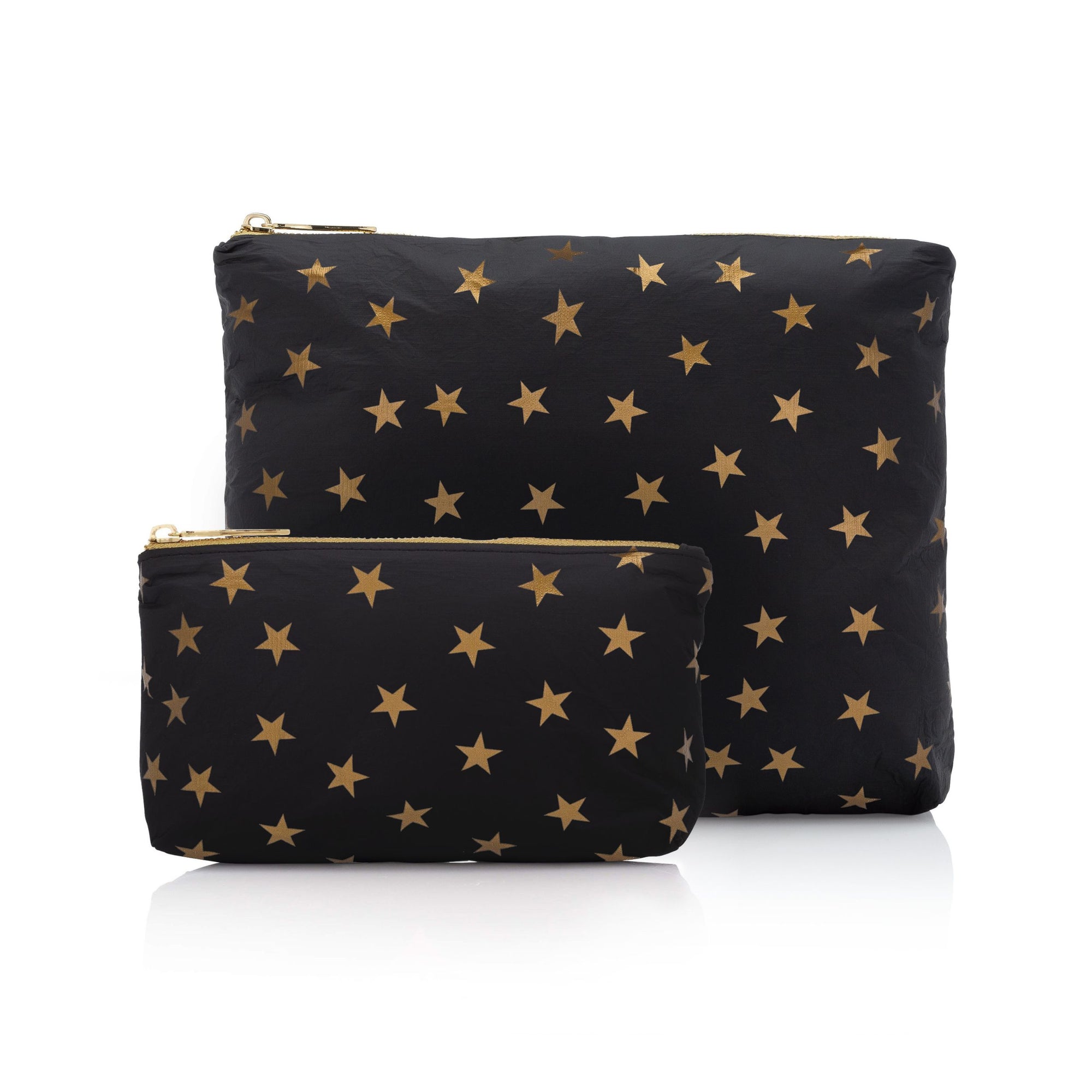 Set of two organizational pouches in black with gold stars on white