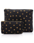 Set of two organizational pouches in black with gold stars on white