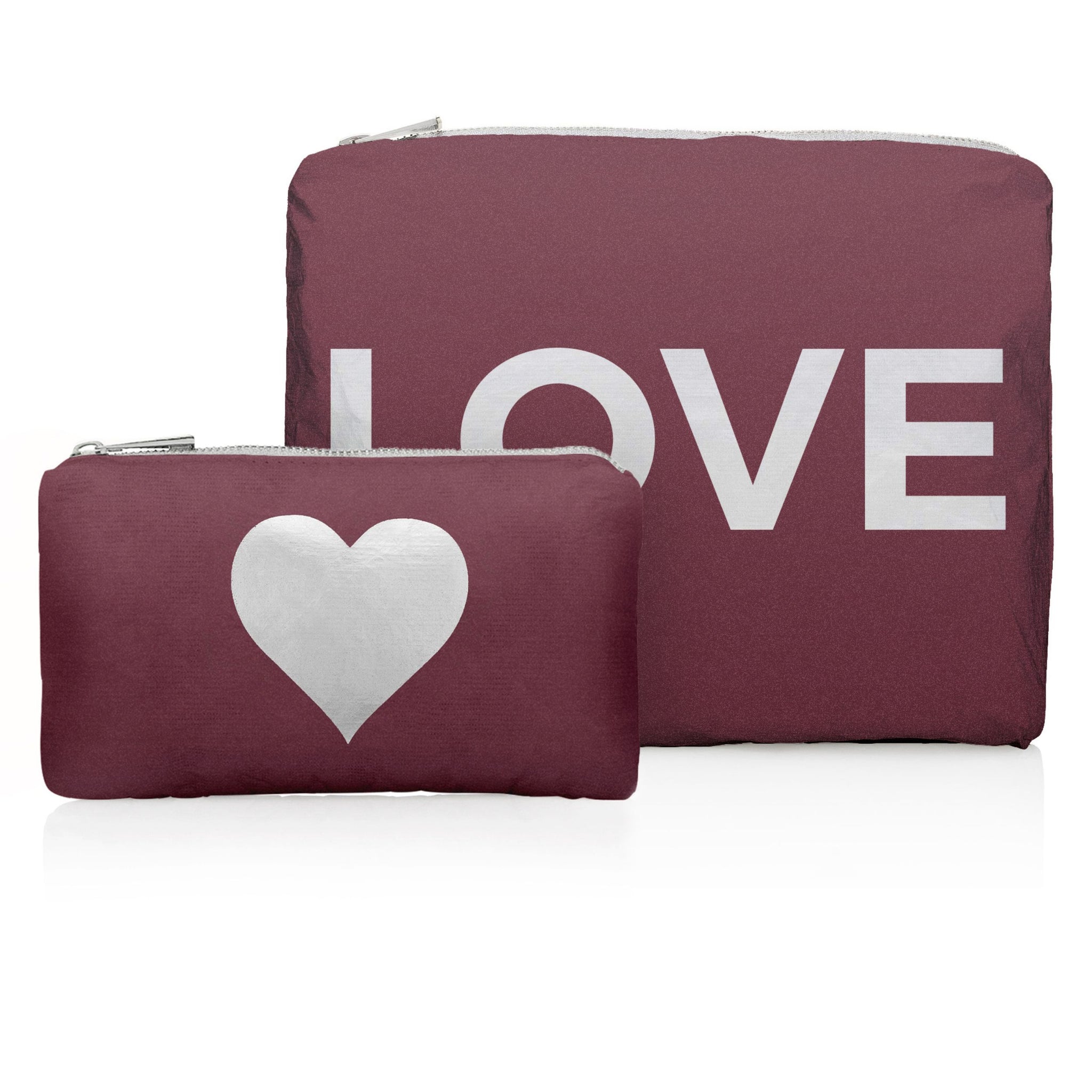 Set of two organizational packs in burgundy with silver "LOVE" & heart