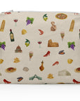 Shimmer beige zipper pouch with myriad of italy graphics - pizza, olives, statues, grapes