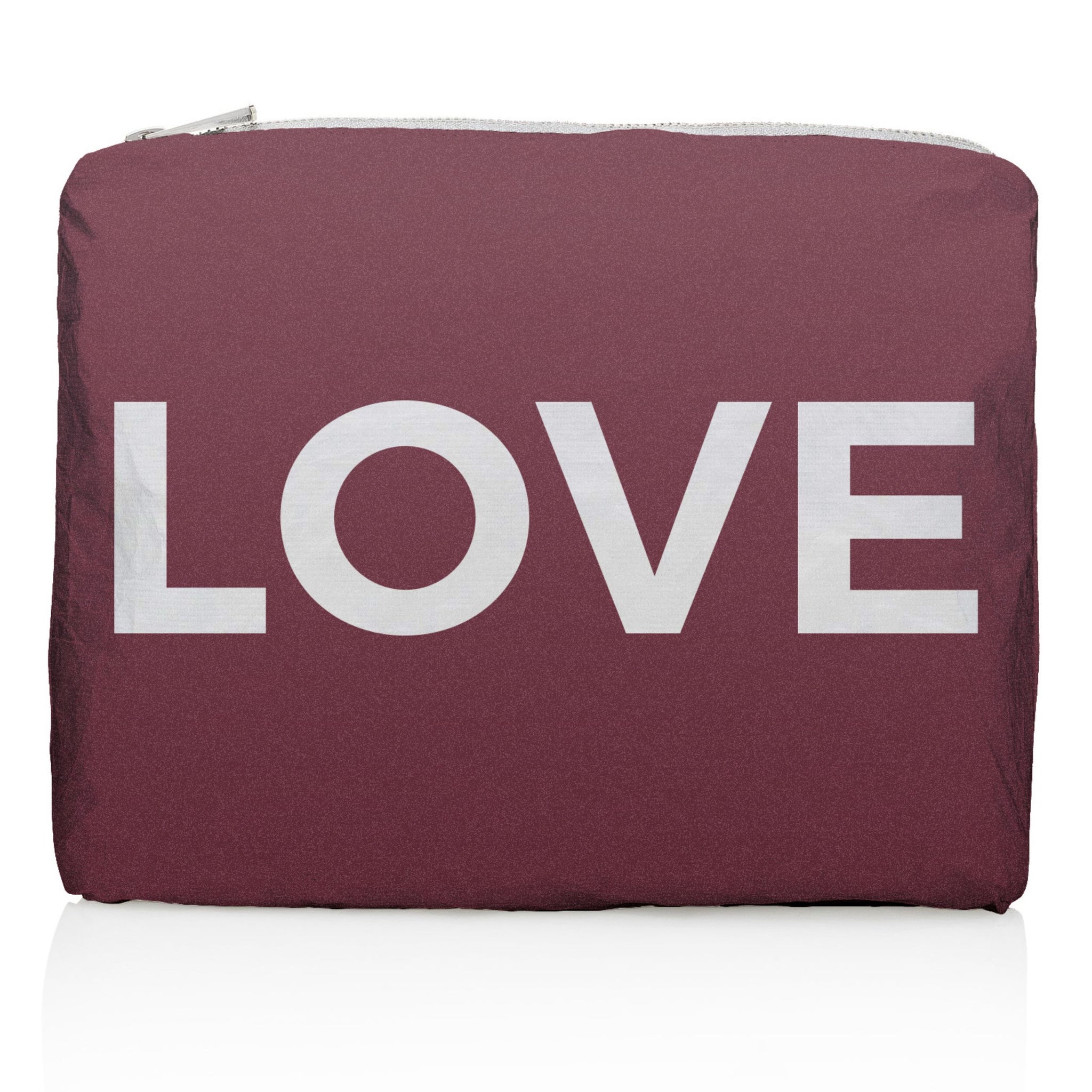 Medium zipper pouch in shimmer cabernet with silver "LOVE"