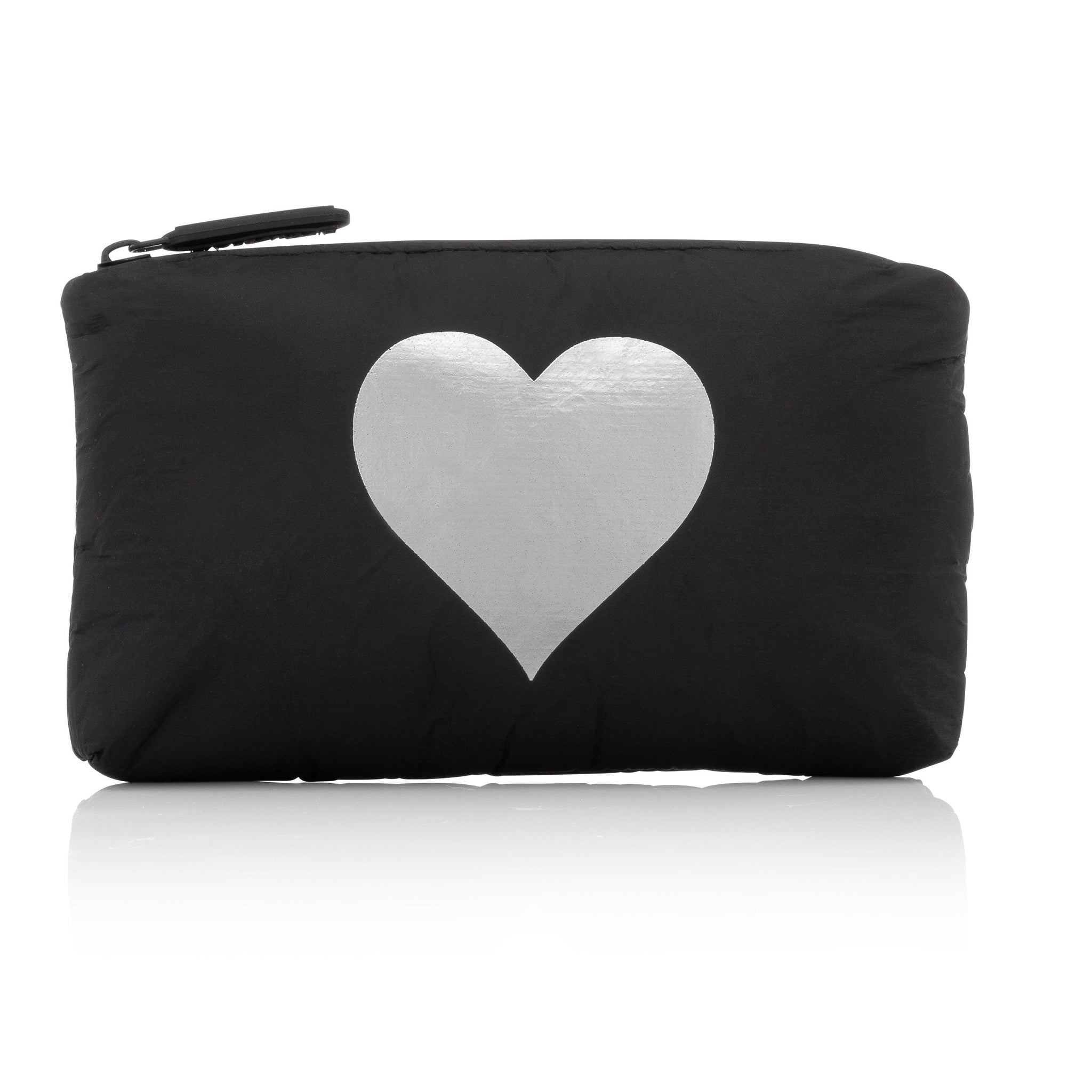 Mini Padded Zipper Pack in Black with Silver Heart