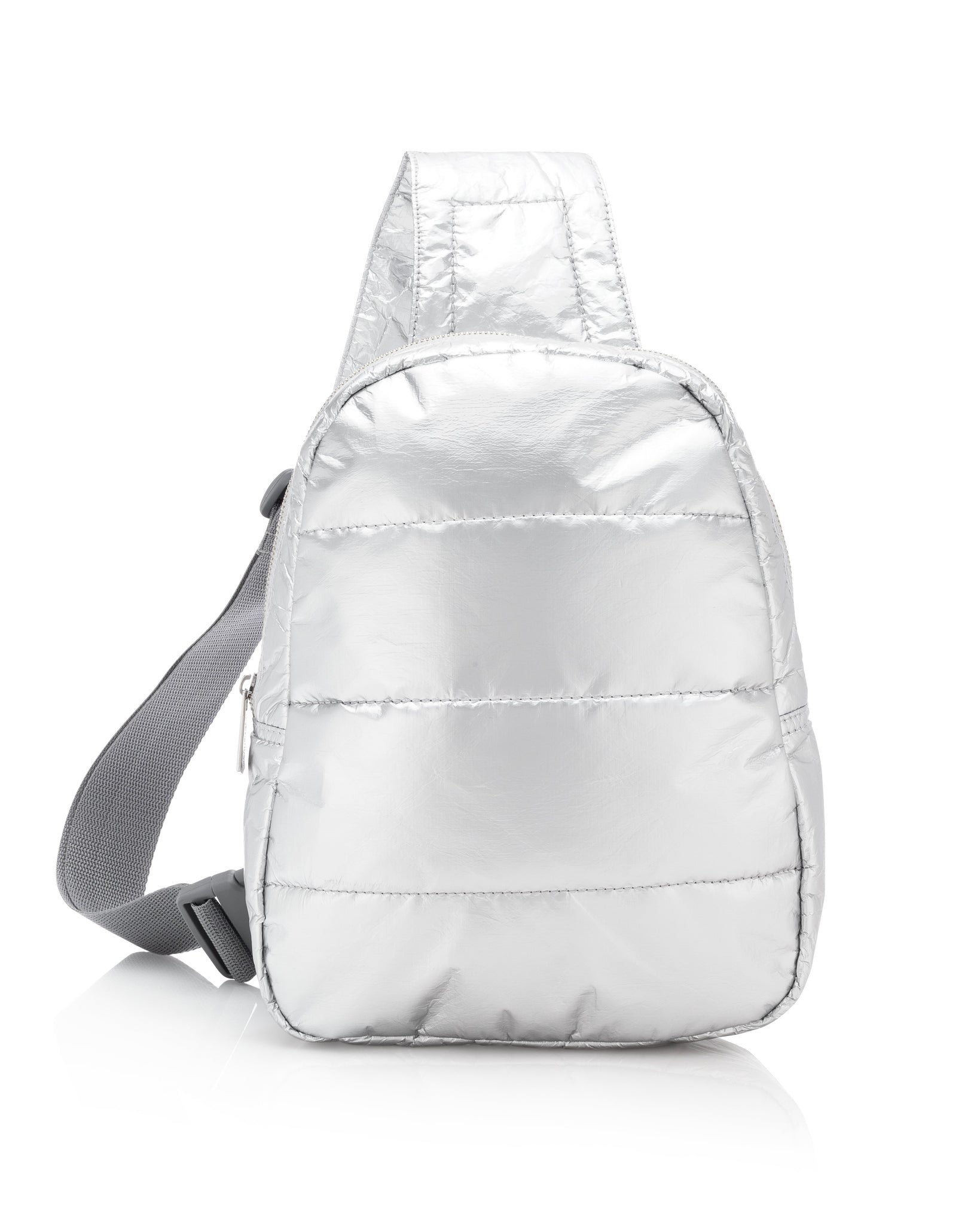Travel Backpack - Gym Bag - Crossbody Fashion - Puffer Crossbody Backpack - Metallic Silver Bag