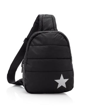 Travel Backpack - Gym Bag - Crossbody Fashion - Puffer Crossbody Backpack - Black with Metallic Silver Star