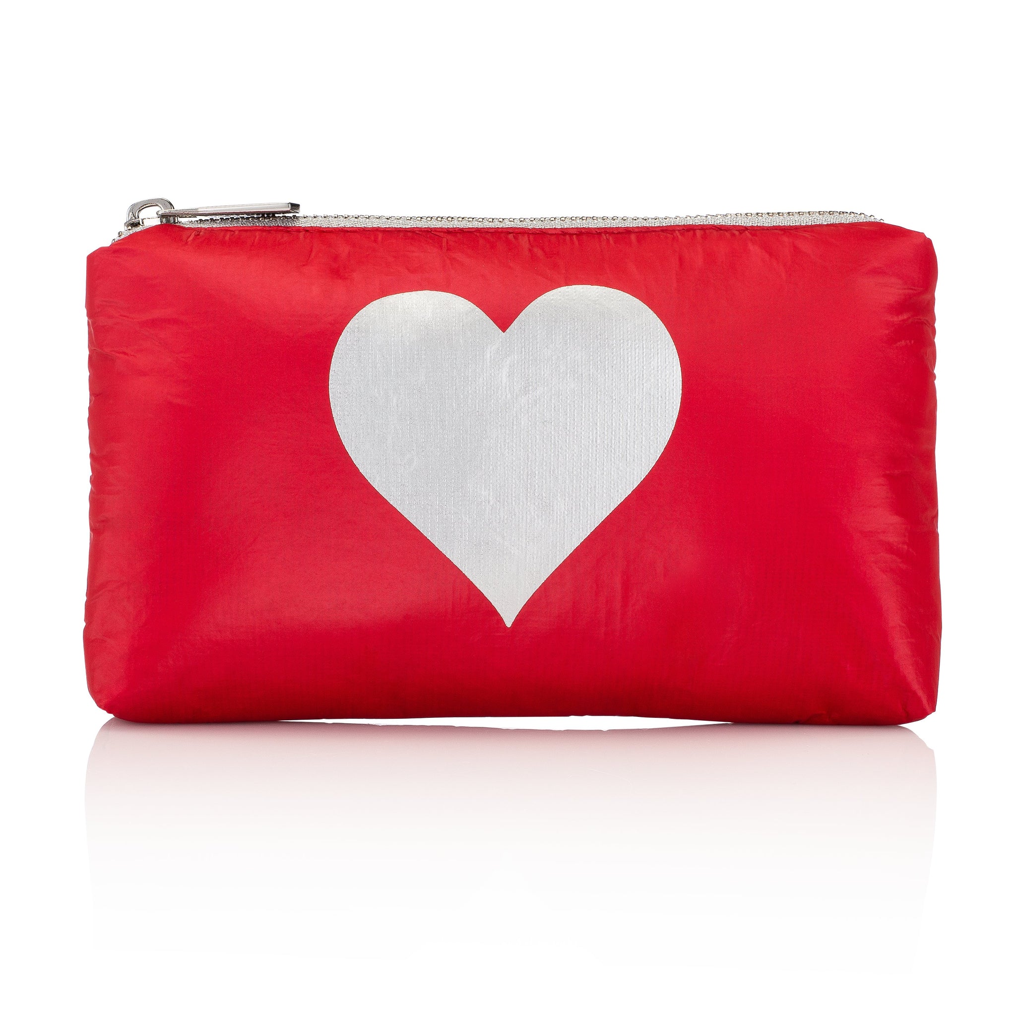 Cute Clutch - Travel Pouch - Mini Padded Pack - Chili Pepper Red with Metallic Silver Heart