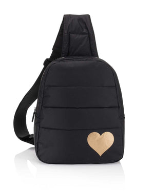 Puffer Crossbody Backpack & Water Bottle Holder in Black - Gold Heart