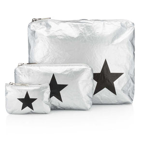 Hi Love Three Piece Cute Travel Bag Set - Metallic Silver  with a Black Star