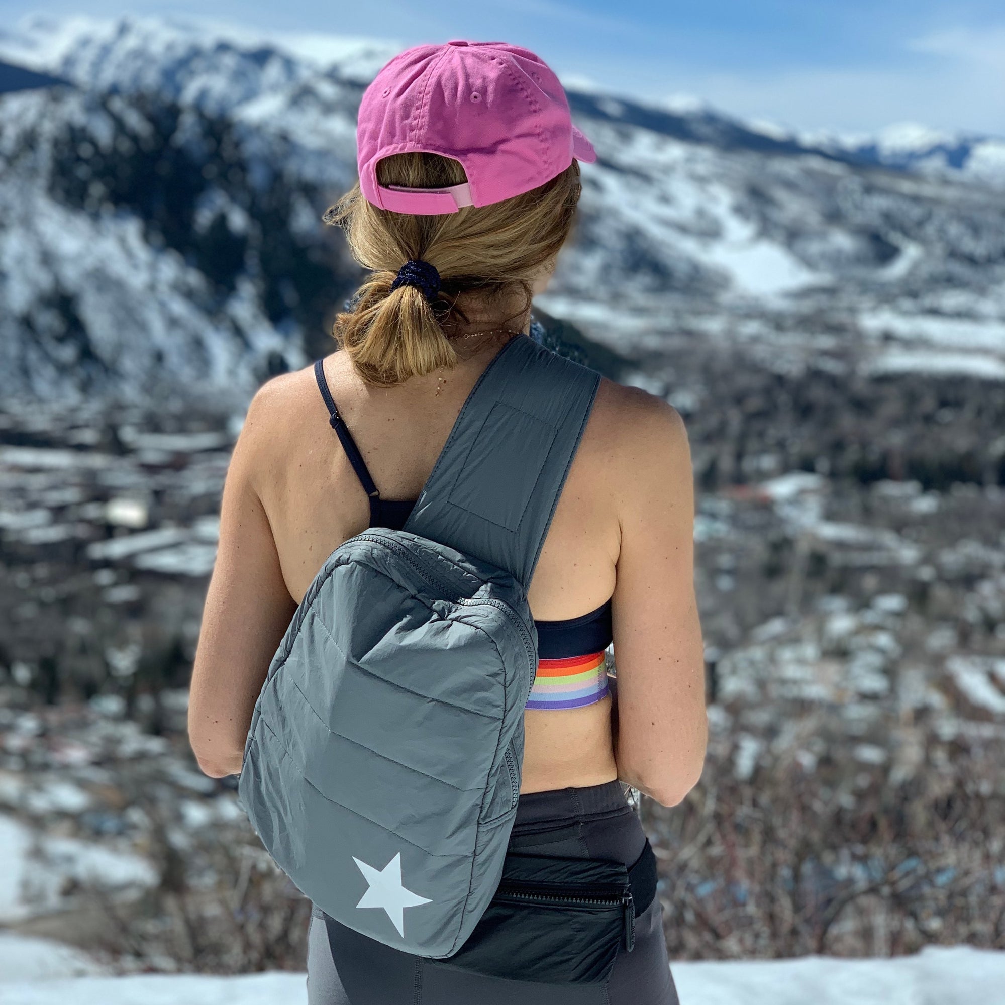Crossbody Puffer Backpack in Cool Gray with Silver Star
