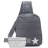 Cool Gray Crossbody Puffer Backpack with Silver Star and Silver Lay Flat Fanny Pack with Cool Gray Strap