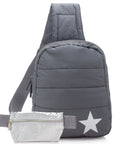 Cool Gray Crossbody Puffer Backpack with Silver Star and Silver Lay Flat Fanny Pack with Cool Gray Strap