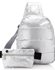 Silver Crossbody Puffer Backpack and Lay Flat Fanny Pack