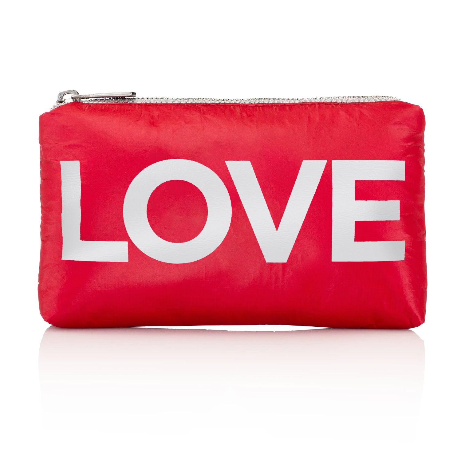 Holiday Makeup Pouch - Chic Clutch - Mini Padded Pack - Chili Pepper Red with Metallic Silver "LOVE"