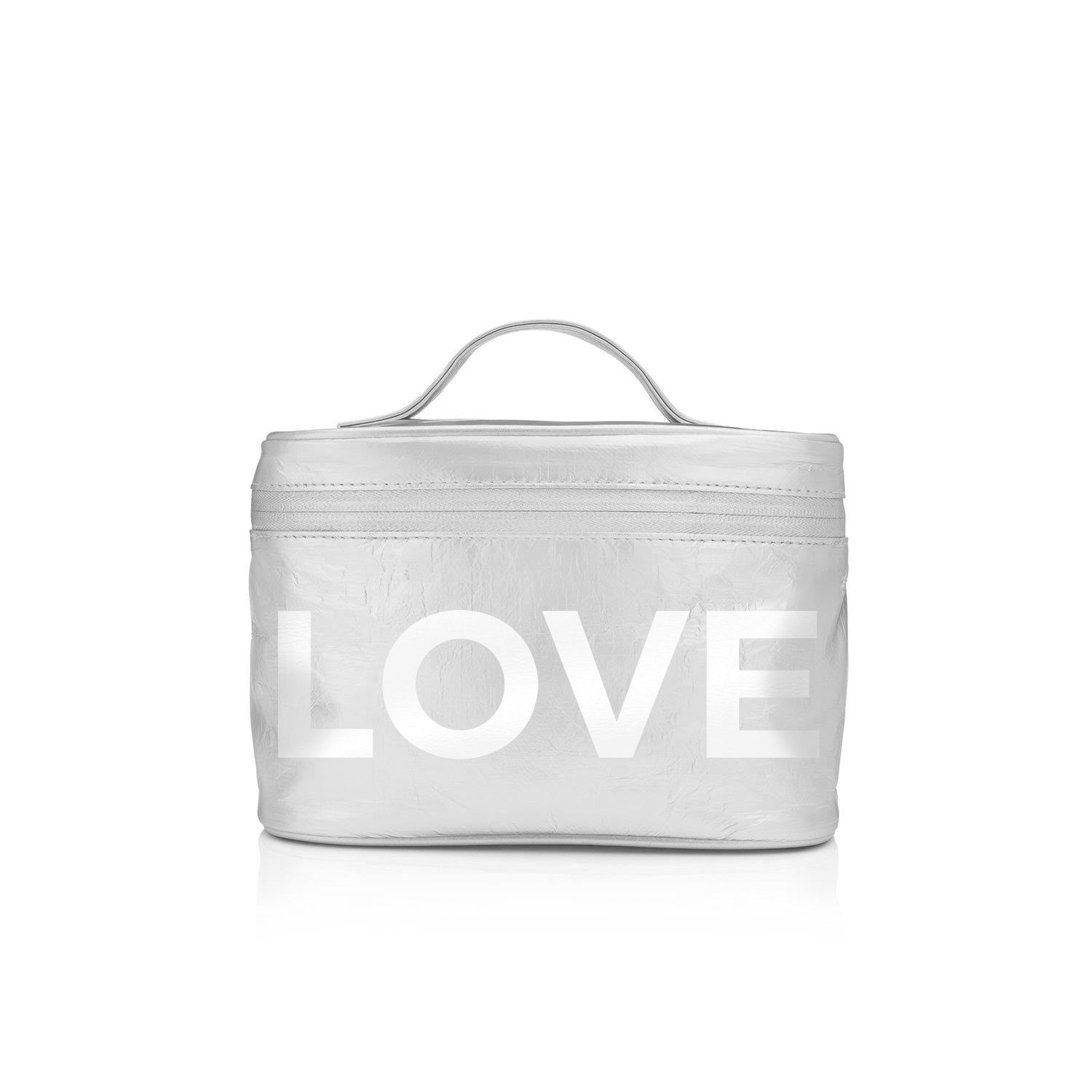Cosmetic Case or Lunch Box in Silver with White "LOVE"