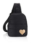 Crossbody Fashion - Gym Bag - Travel Backpack - Puffer Crossbody Backpack - Black with Metallic Gold Heart