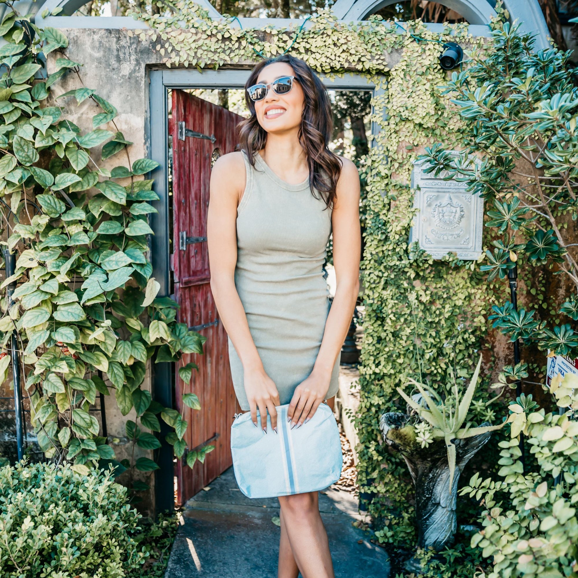 Crossbody purse in denim blue with blue and white stripes