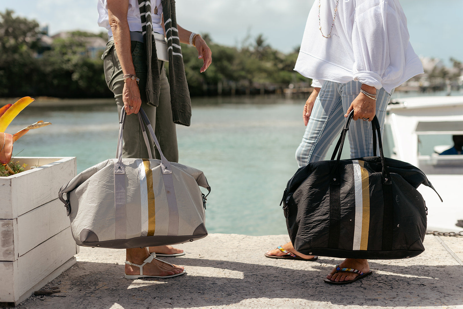 Duffel Bag in Earth Gray with Silver and Gold Stripes