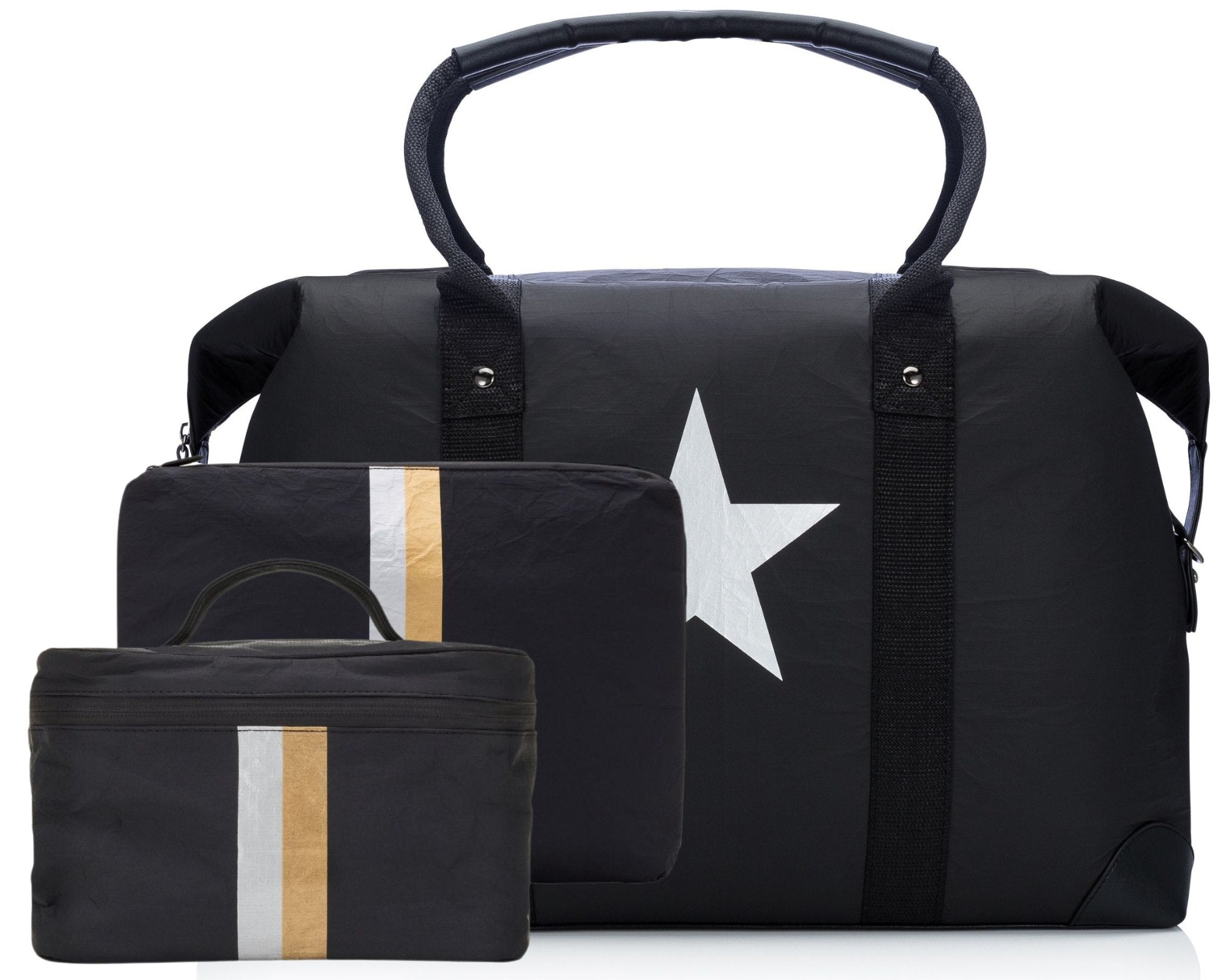 Duffel set in black with silver star and silver and gold stripes