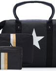 Duffel set in black with silver star and silver and gold stripes