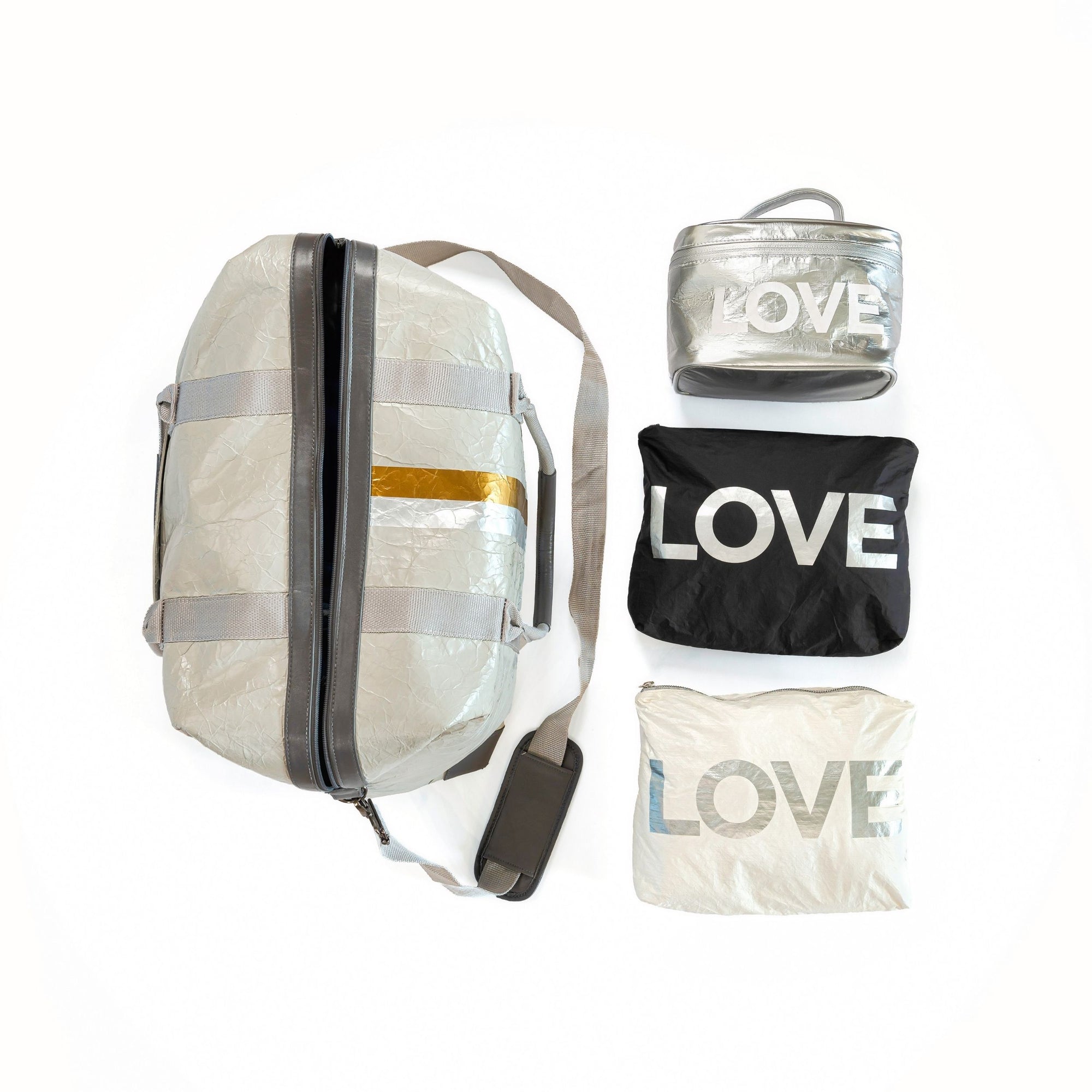 Duffel Bag in Earth Gray with Silver and Gold Stripes