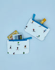 small pouch set with dancing skiers and snowboarders