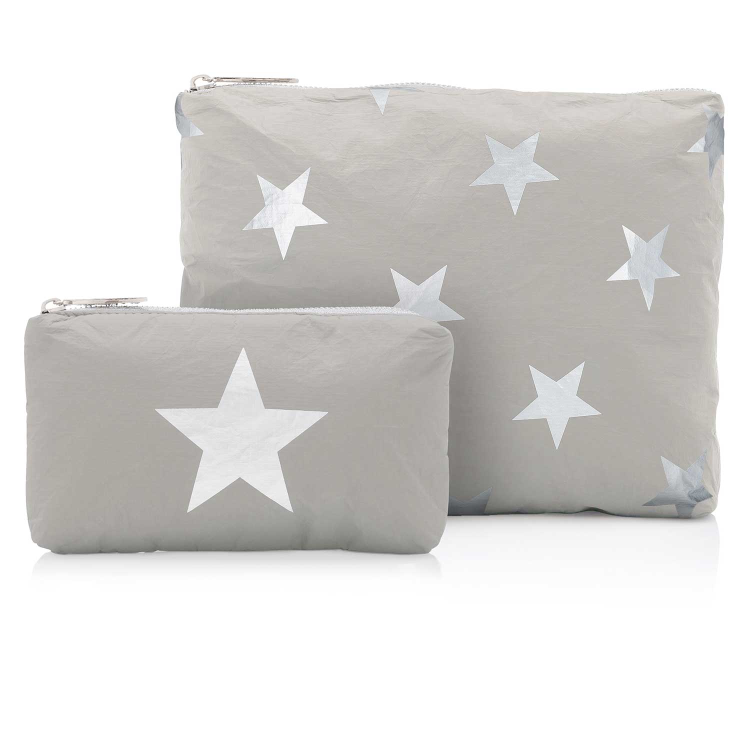 zipper packs in earth gray with silver stars