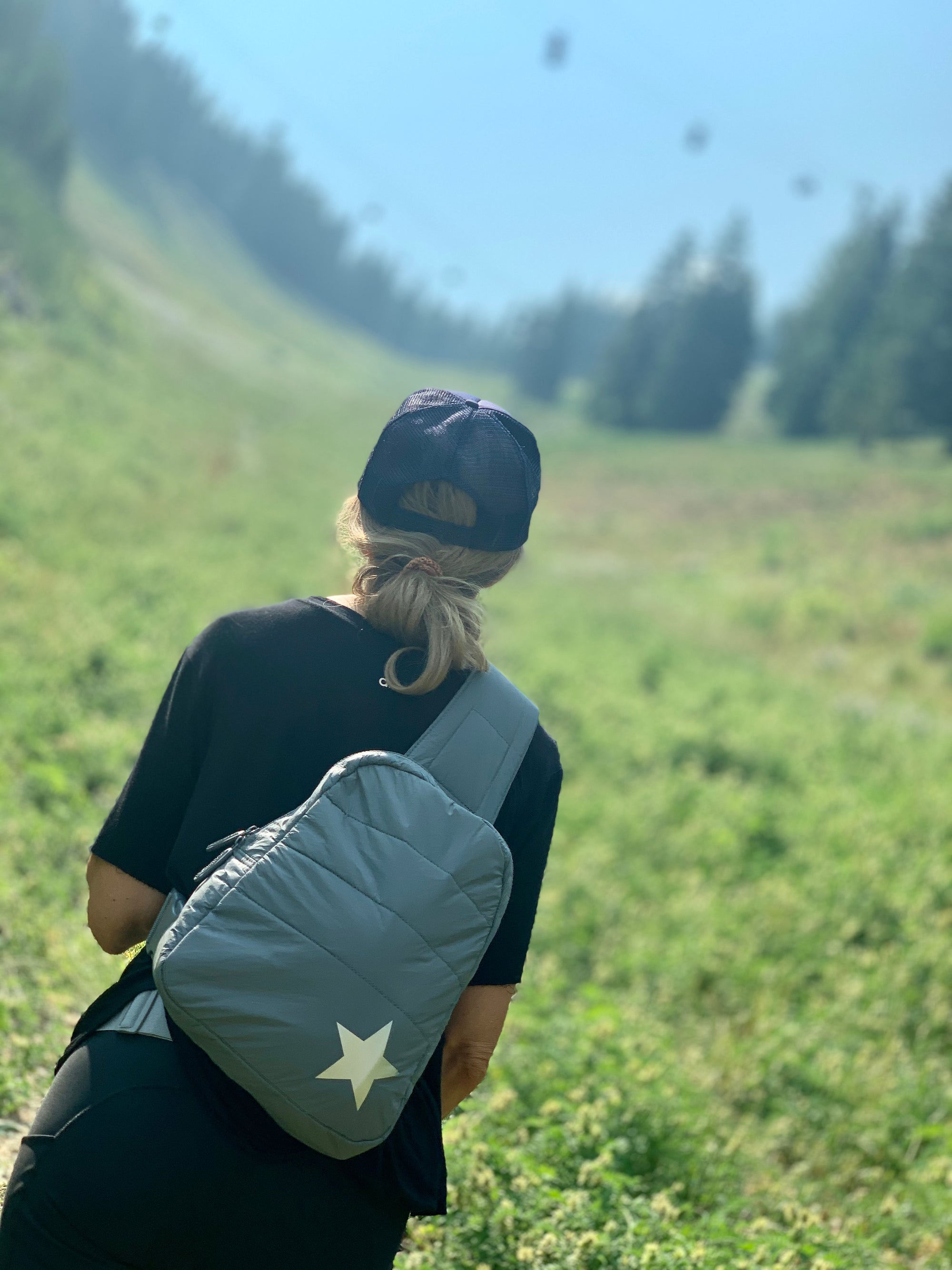 Crossbody Fashion - Crossbody Bag - Crossbody Backpack - Cool Gray with a Metallic Silver Star