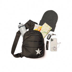 Puffer Crossbody Backpack in Black with Silver Star