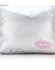 Medium zipper pouch in silver with pink lip on white background
