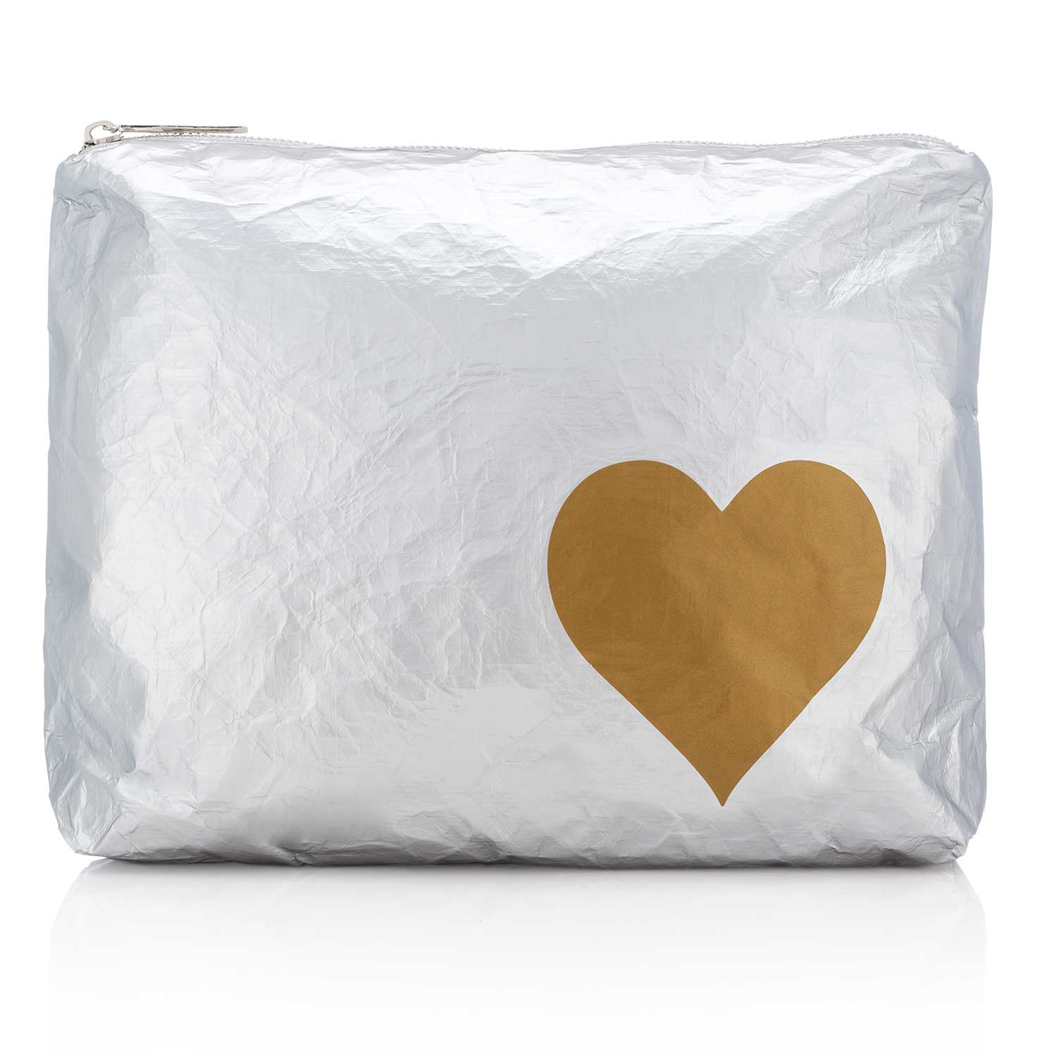 Medium zipper pouch in silver with gold heart on white
