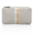 A gray travel pouch with vertical silver and gold stripes, featuring a zipper closure.