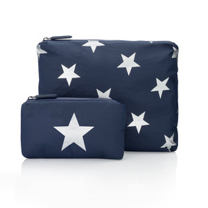 Set of Two Packs - Travel Pouches - Cosmetic Cases - Navy HLT Collection with a Metallic Silver Stars