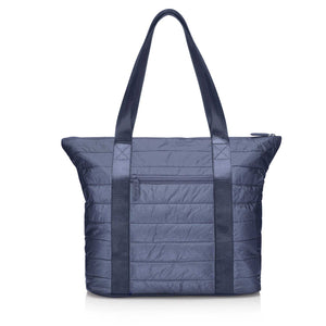 Puffer Tote Bag with Zipper Pockets in Shimmer Navy