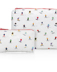 Pouch set in dancing skiers with a red zipper
