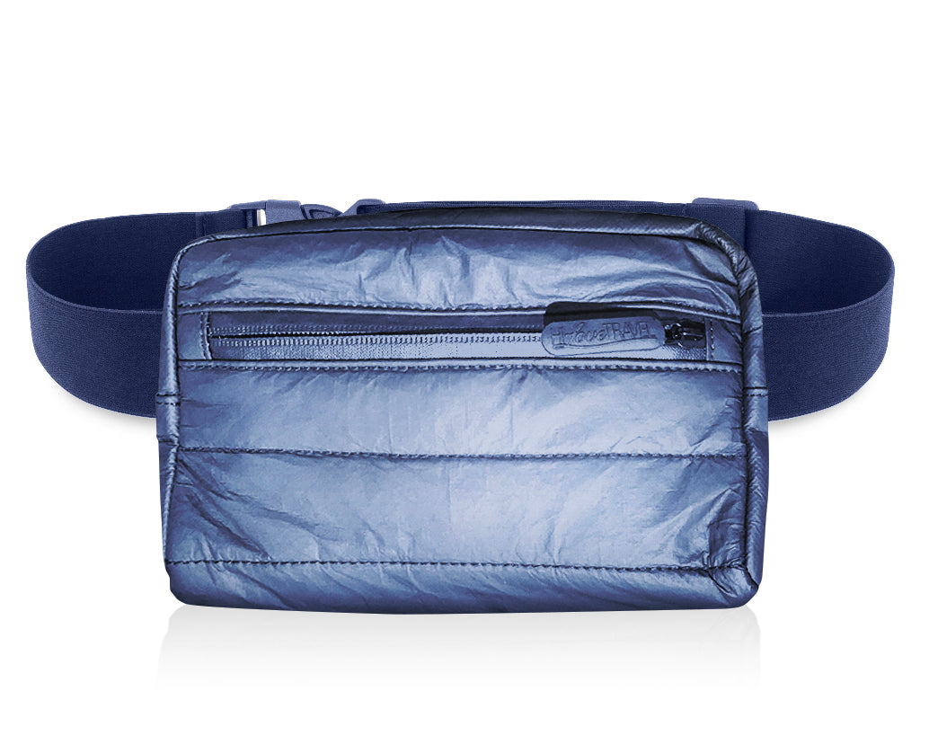 Puffer Crossbody Fanny Pack Belt Bag in Shimmer Navy Blue on White Background