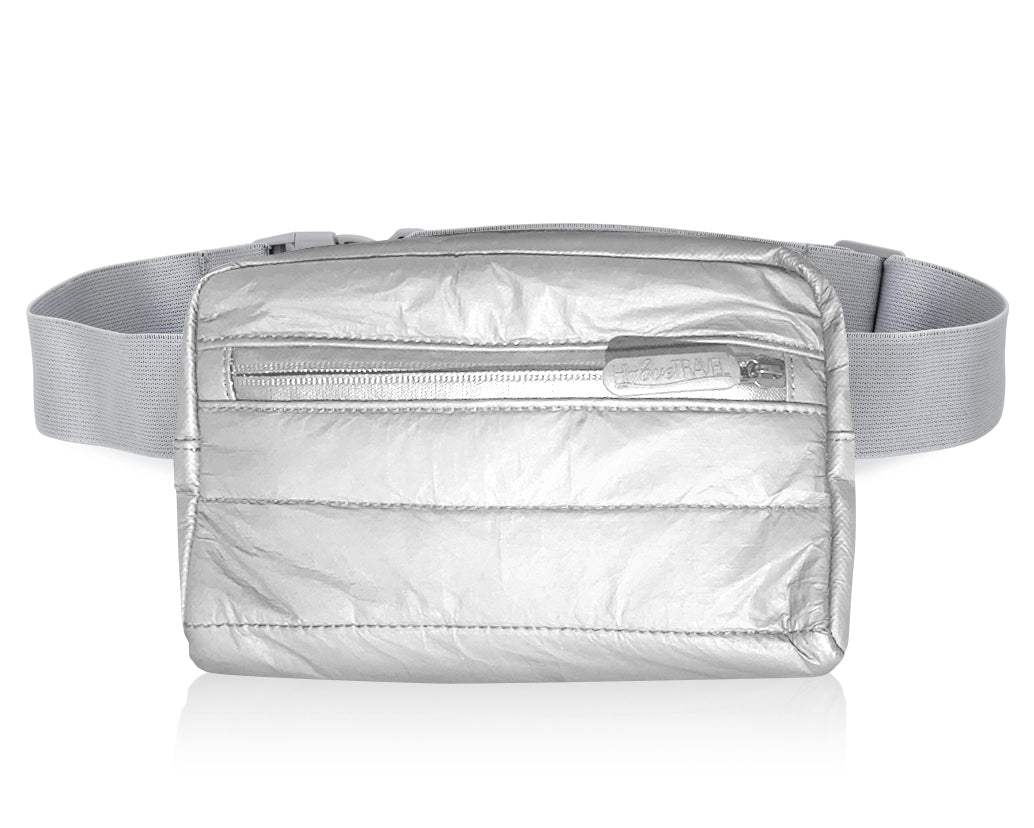 Puffer Crossbody Fanny Pack Belt Bag in Silver with Gray Strap on White Background