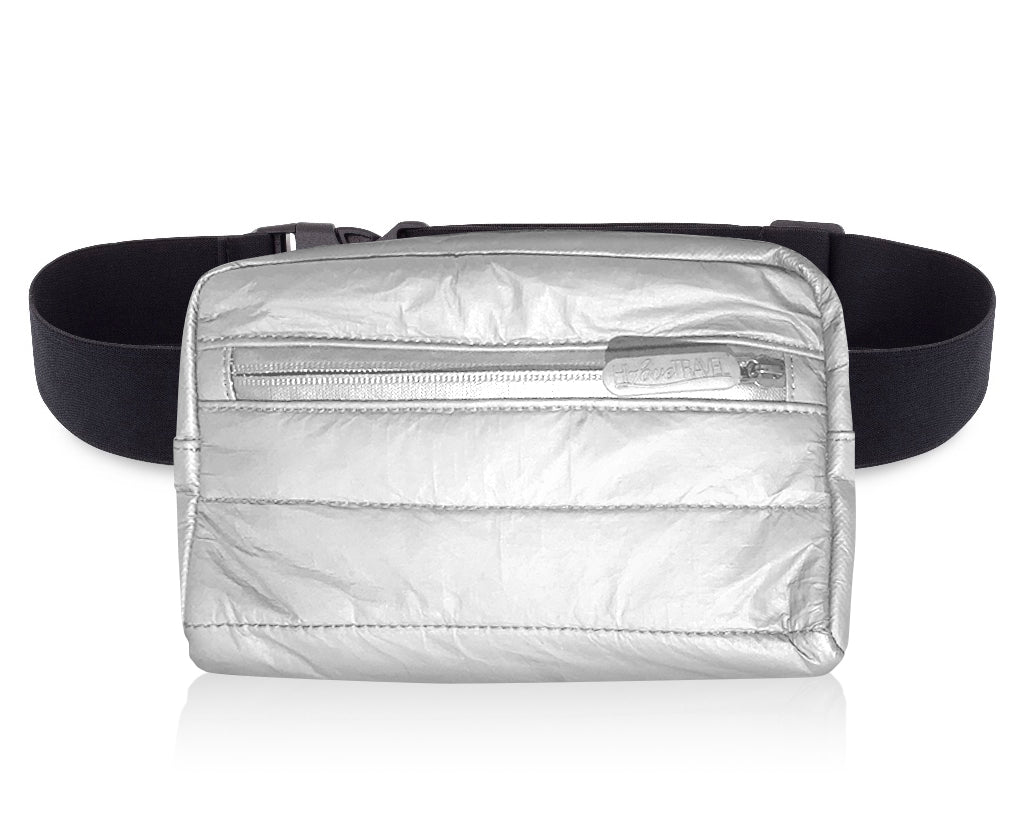 Puffer Crossbody Fanny Pack Belt Bag in Silver with Black Strap on White Background