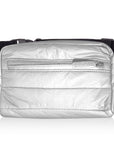 Puffer Crossbody Fanny Pack Belt Bag in Silver with Black Strap on White Background