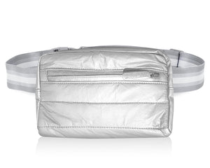 Puffer Fanny Pack - Silver with Silver and White Stripe Strap