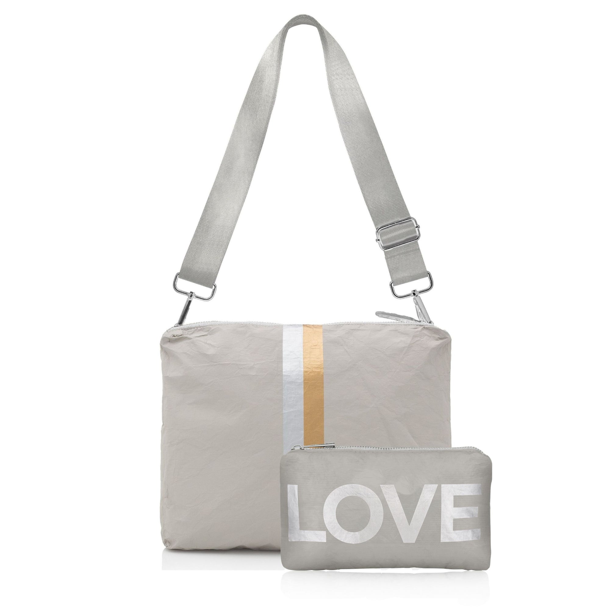 Purse set in crossbody purse in earth gray with silver and gold stripes and mini pouch in earth gray with silver "love"