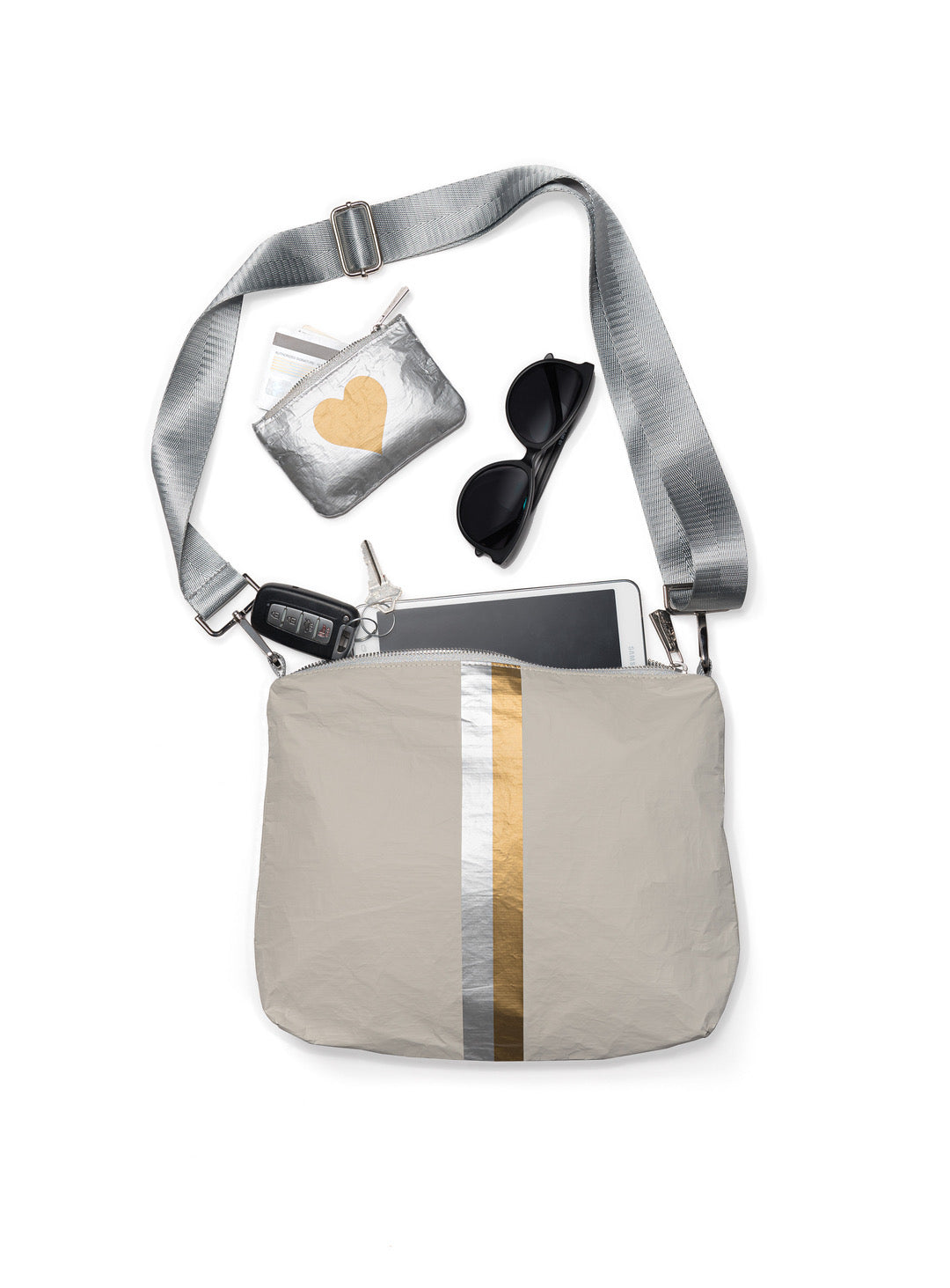 Gray Purse Strap and Medium Pouch in Earth Gray with Silver and Gold Stripes