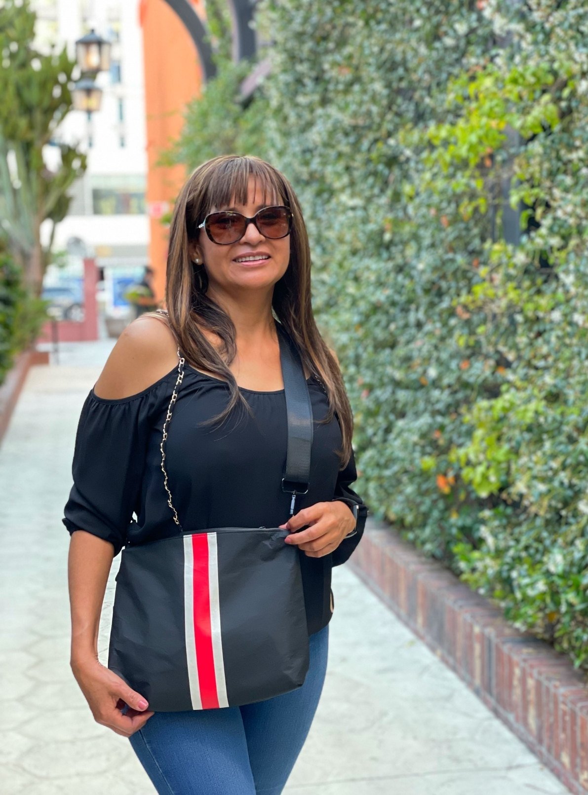 Black Purse Strap and Black Medium Pouch with White and Red Stripes