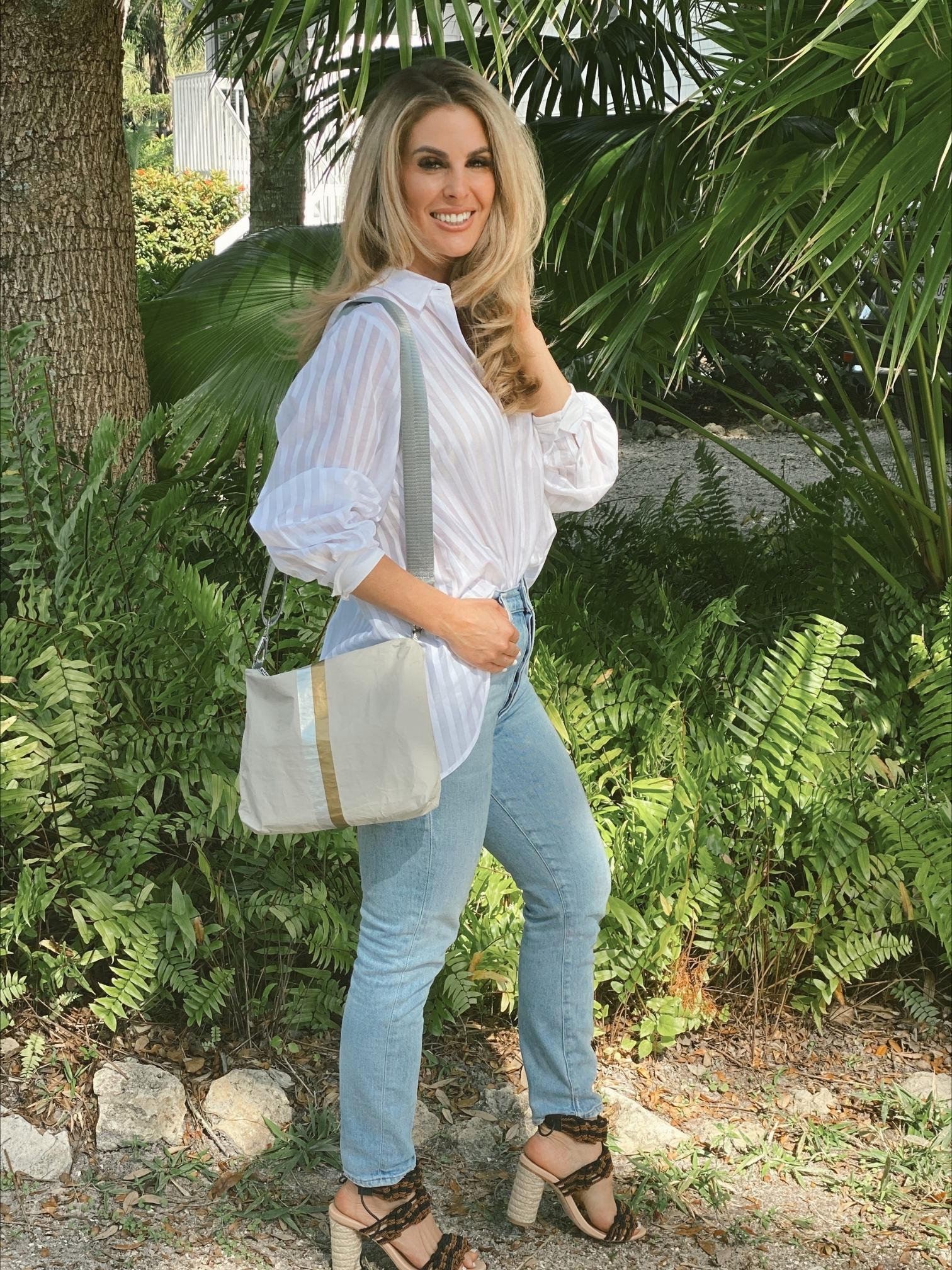 Gray Purse Strap and Medium Pouch in Earth Gray with Silver and Gold Stripes