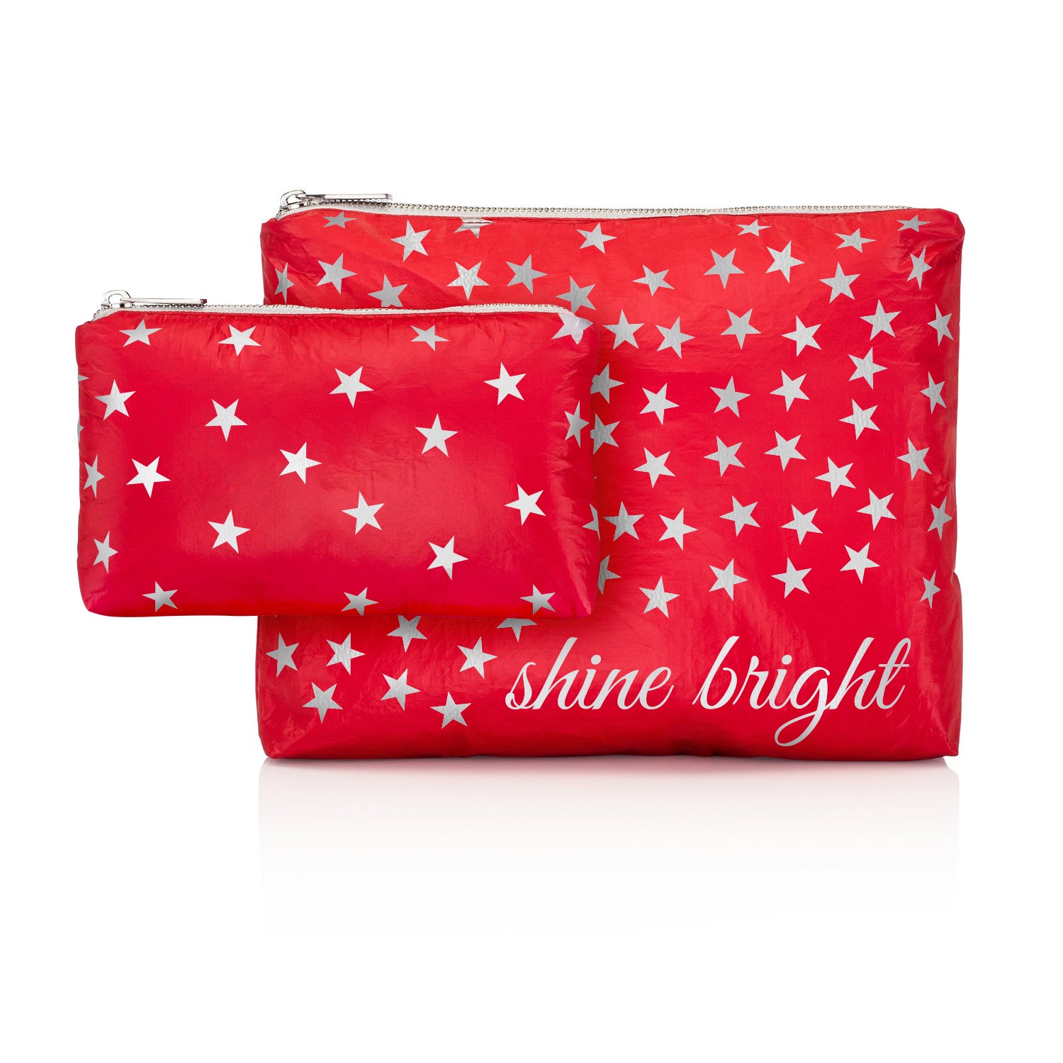 Christmas Cosmetic Bag - Make Up Pouch - Set of Two - Chili Pepper Red with Silver "Shine Bright"