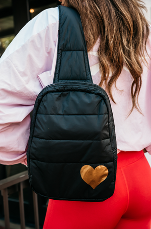 Crossbody Fashion - Gym Bag - Travel Backpack - Puffer Crossbody Backpack - Black with Metallic Gold Heart