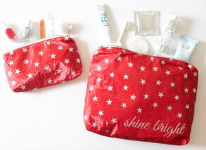 Christmas Cosmetic Bag - Make Up Pouch - Set of Two - Chili Pepper Red with Silver "Shine Bright"  